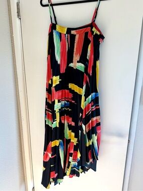 Milly Pleated Asymmetrical Hem Dress Multicolor Brushstroke Pattern